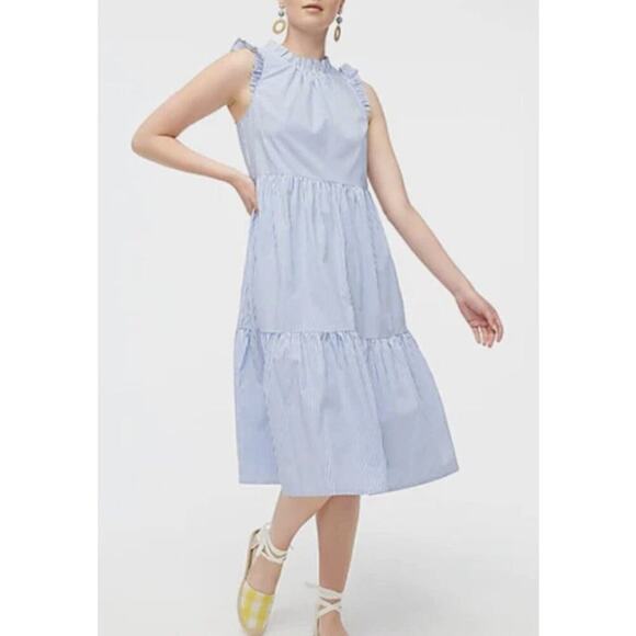 J. Crew Dress Tiered Ruffles Pin Striped Midi 6 Petite A-Line Sleeveless 6P - Picture 1 of 9